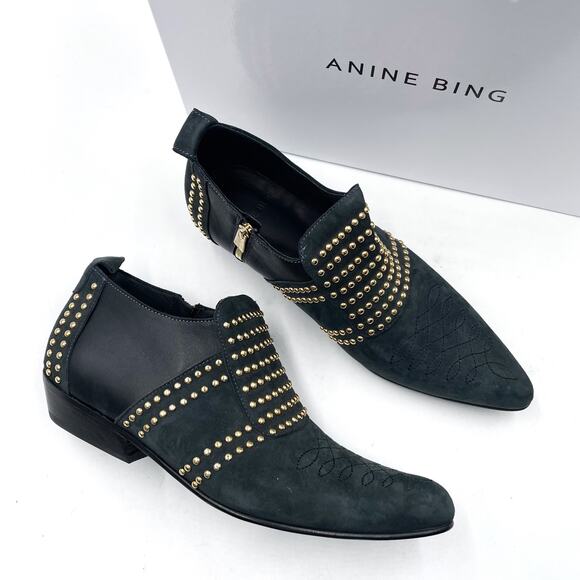Anine Bing Low Charlie Boots Black Suede Gold Studded Ankle Flat Sz 36 / 6 US - Picture 5 of 15